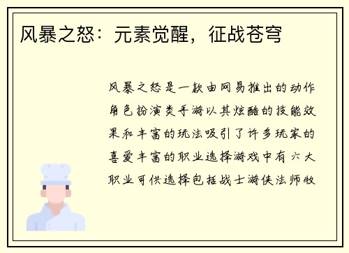 风暴之怒：元素觉醒，征战苍穹